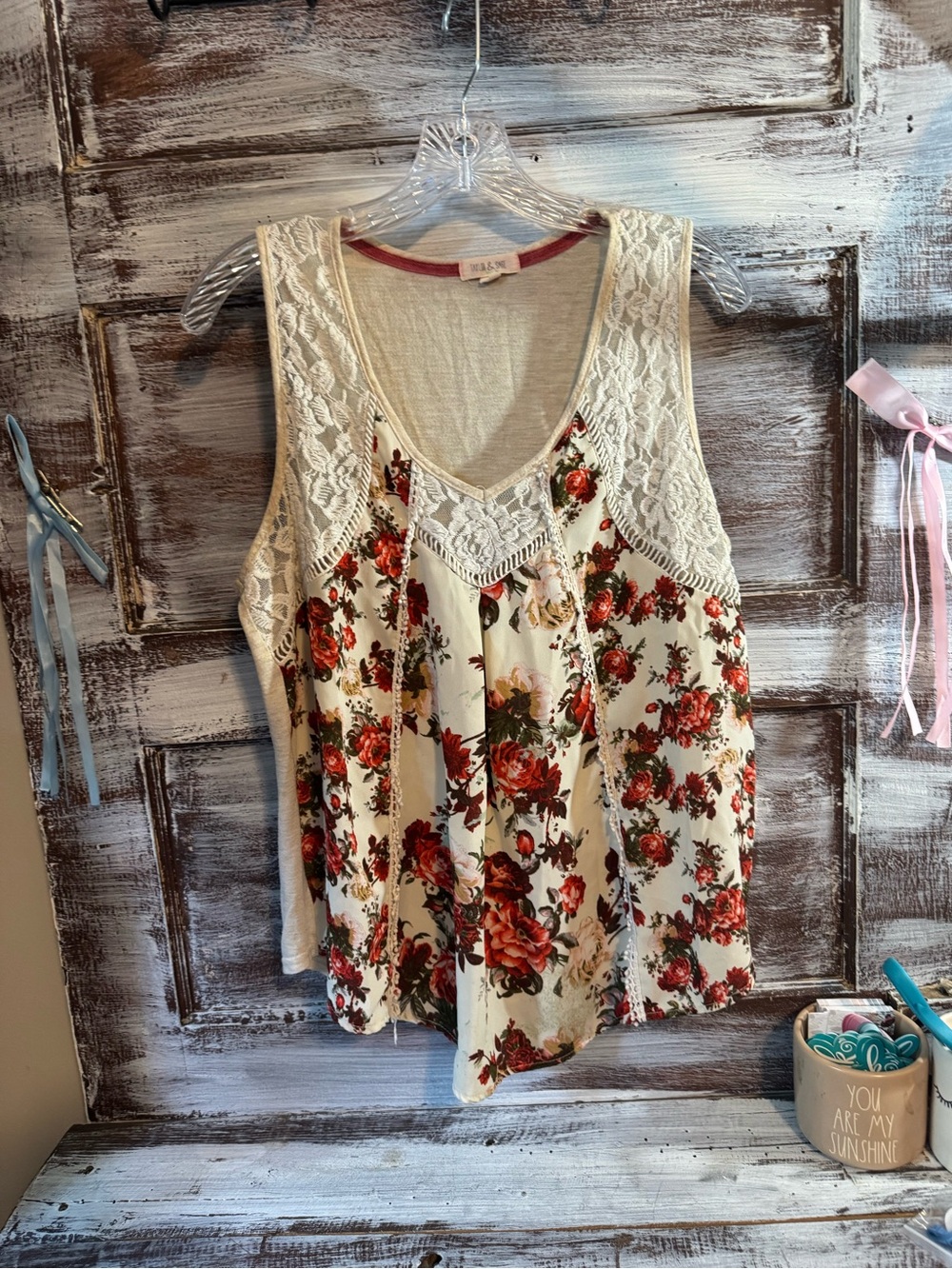 Taylor & Sage Cream Lace-Trim Tank with Red Floral Print